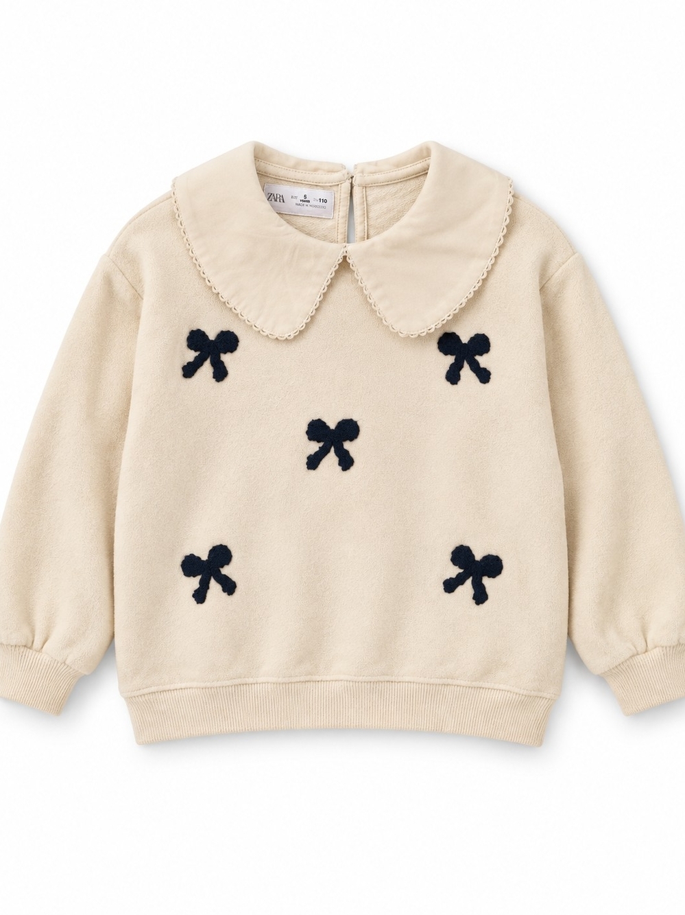 Zara Cream Sweater with Navy Bow Accents and Peter Pan Collar